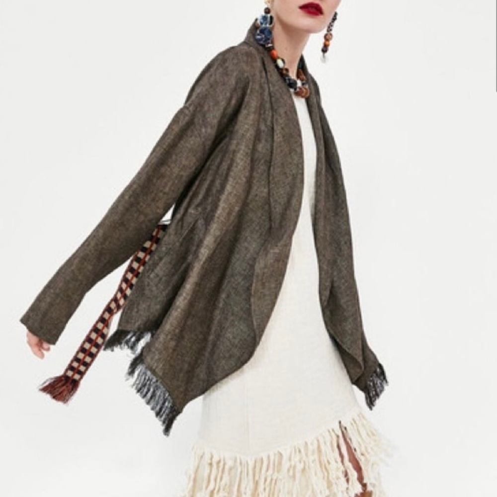 Zara Linen Cardigan Jacket Knit Brown Fringe Long Sleeve Womens XS S